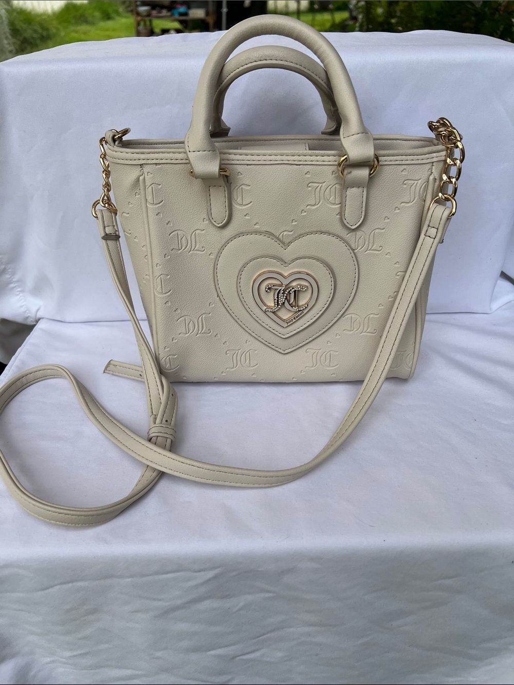 Juicy Couture Cream Embossed Heart Logo Satchel with Gold Hardware